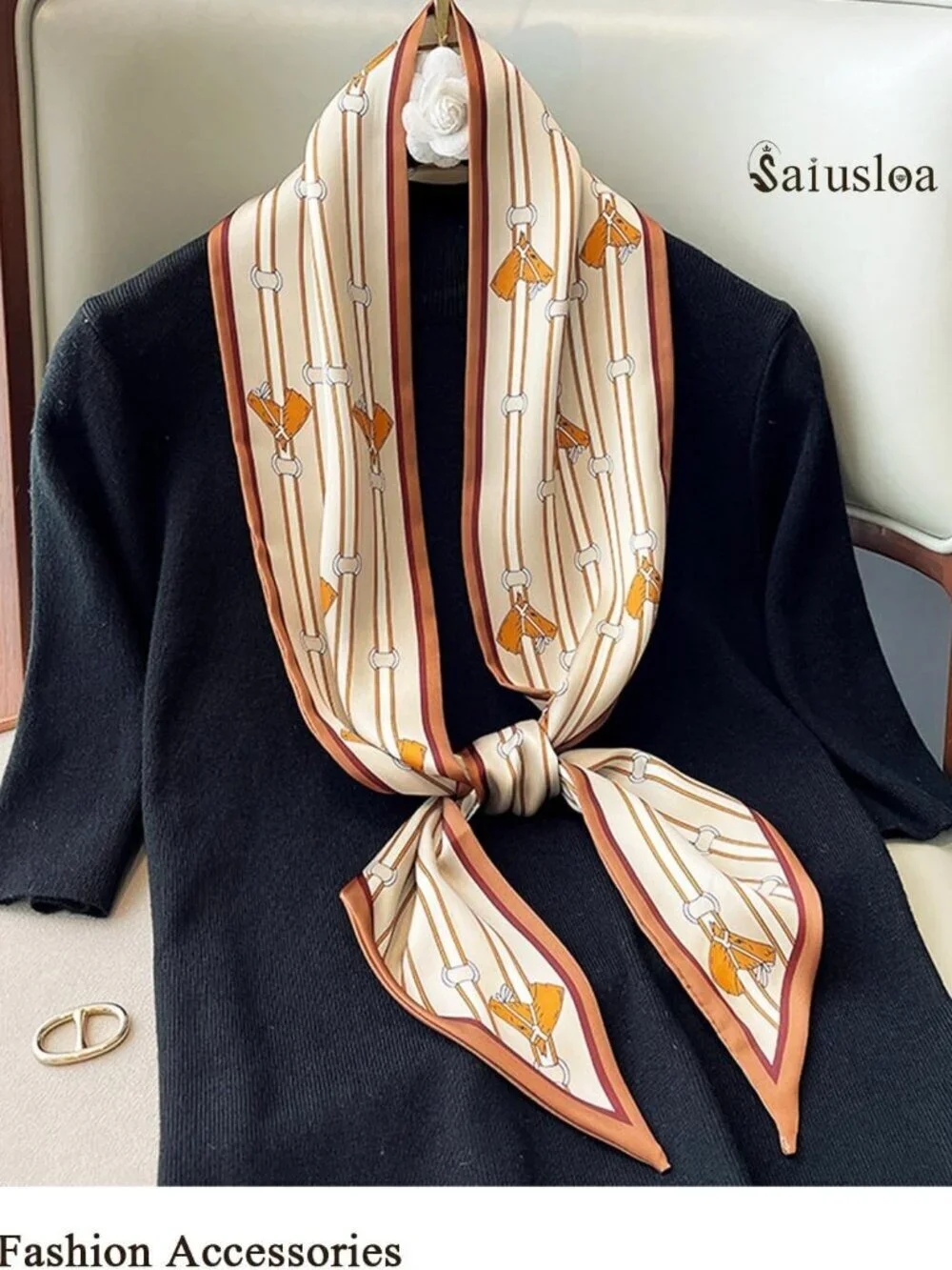 Women's Brown Saddle Head Scarves Long Skinny Silky Hair Bags Scarf